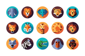 Obraz premium Cartoon Animal Heads Set Elephant, Lion, Fox, Zebra, Giraffe, Alligator, Wolf Icons