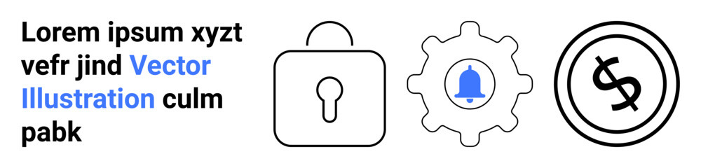 Lock, gear with notification alarm, and dollar currency icons symbolizing security, system alerts, and financial operations. Ideal for apps, fintech, notifications, cybersecurity banking systems
