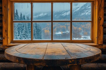 Rustic Wooden Table in Cozy Cabin Overlooking Snowy Mountain Landscape Through Window in Winter Season