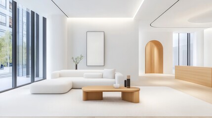 Bright minimalist living room features large windows and neutral tones