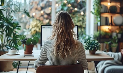 girl working on a laptop, back view