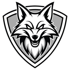 Aggressive Fox Head in Shield Mascot Design with Intricate Details in Gray and White