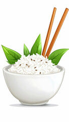 Steamed rice in a bowl, garnished with leaves and served with chopsticks