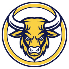 Aggressive Golden Bull Head Mascot in Circle on White, Powerful Emblem Style Design