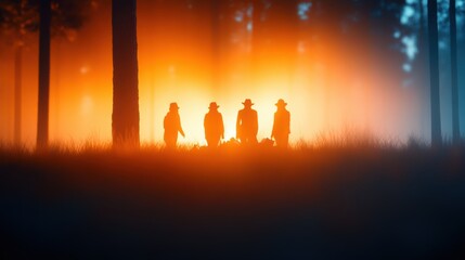 Fototapeta premium Silhouetted figures in forest at sunset with dramatic orange glow