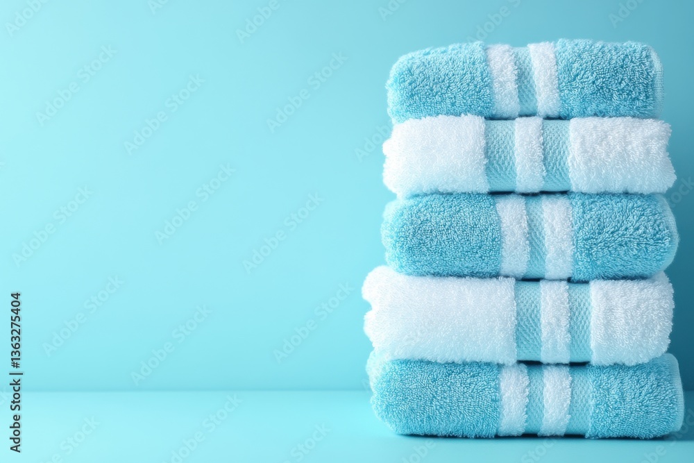 Poster stack of soft blue and white striped towels neatly folded on matching background in studio setting c