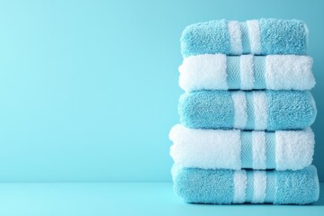 Stack of Soft Blue and White Striped Towels Neatly Folded on Matching Background in Studio Setting Cleanliness and Comfort