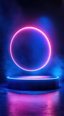 Obraz premium Neon blue and pink circle surrounded by mist at a dimly lit stage