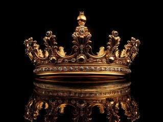 Opulent Golden Crown with Sparkling Jewels on Reflective Black Surface Symbolizing Royalty and Power in a Luxurious Setting