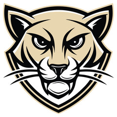 Angry Cougar Head Mascot with Shield Shaped Outline, Black and Tan Design