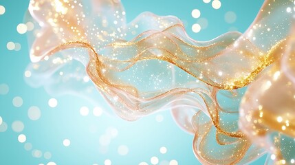 Golden flowing glitter textures suspended in transparent liquid swirls over a bright blue background. A graceful abstract motion ideal for luxury design, product backdrops, or digital visualizations