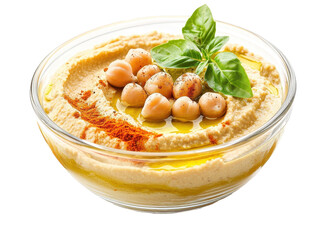Isolated Bowl of Hummus with Chickpeas and Basil