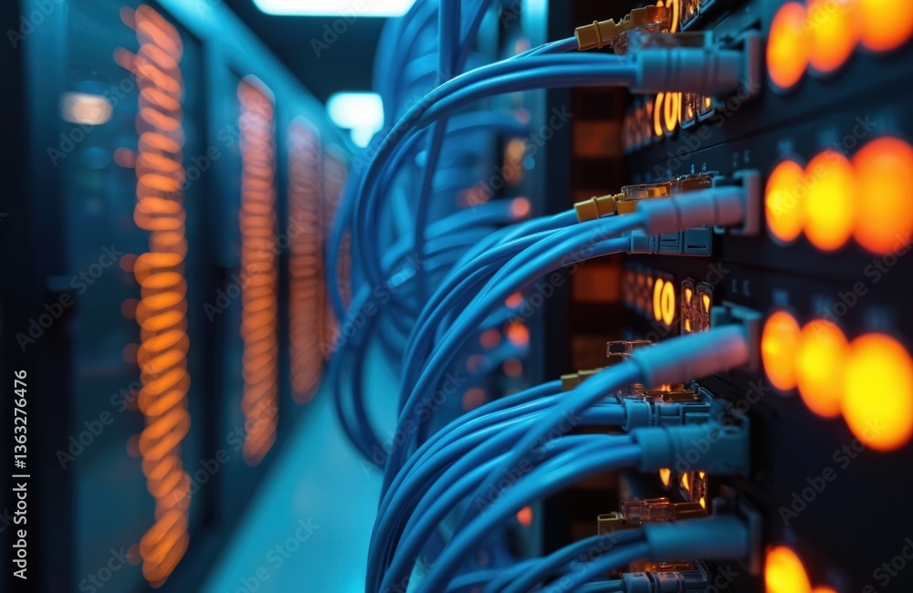 Poster modern data center infrastructure with fiber optic cables, patch panels. network hardware, server ra
