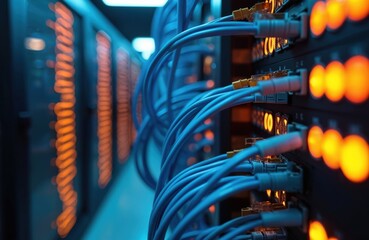Modern data center infrastructure with fiber optic cables, patch panels. Network hardware, server racks, Ethernet connections, communication technology for high-speed data transfer, internet, cloud