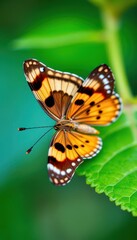 Fototapeta premium Close-up of Tawny Rajah butterfly on a green leaf, with its caterpillar stage visible nearby, texture, tawny rajah