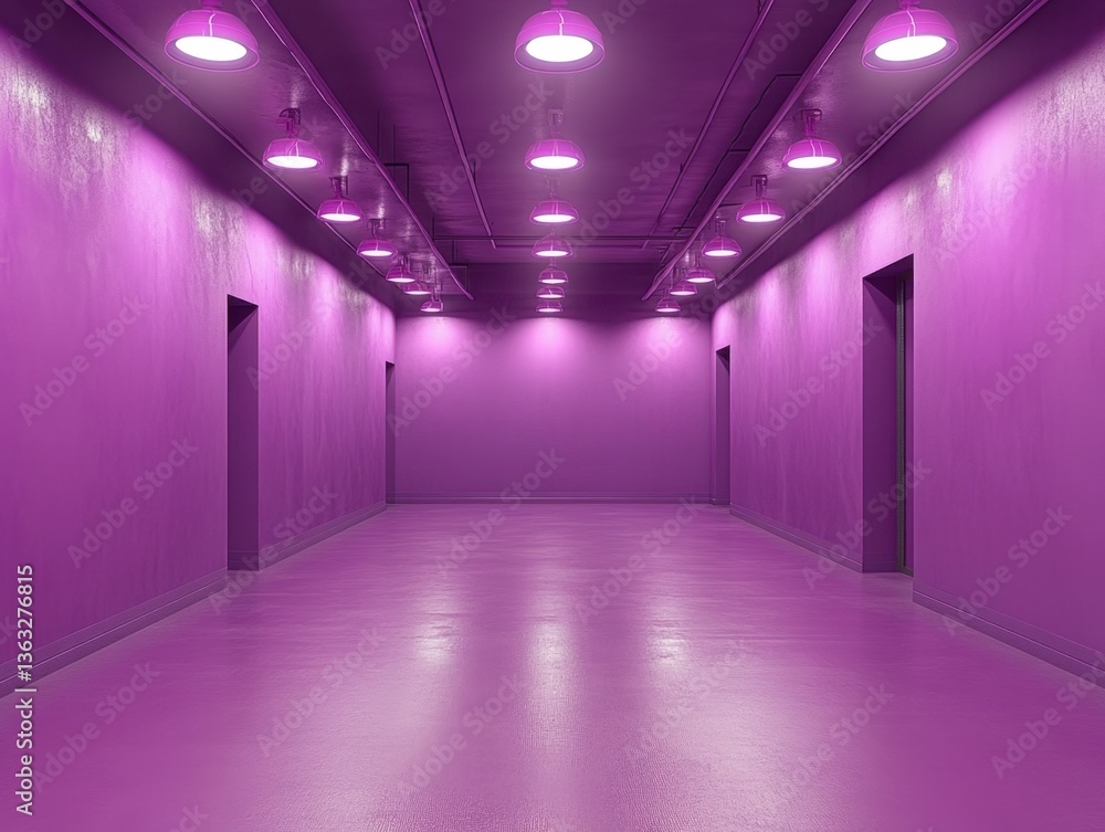 Poster ethereal violet hallway illuminated by glowing lamps creating a surreal and monochromatic architectu