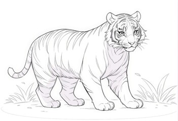 Fototapeta premium White tiger illustration walking through grass 
