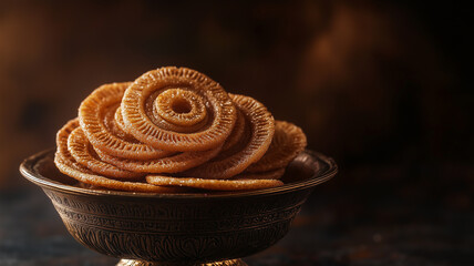 Traditional Indian Sweet Jalebi in Ornate Brass Bowl 