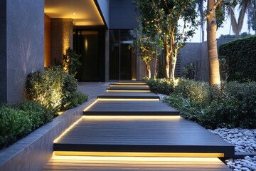 Obraz premium Illuminated pathway through modern garden design with trees and shrubs at dusk for tranquil outdoor space