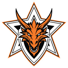 Obraz premium Dragon Head Fierce Eyes Horns Orange and Black Star Badge Design