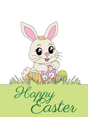 Happy Easter greeting card, rabbit with eggs on the grass. Vector illustration.