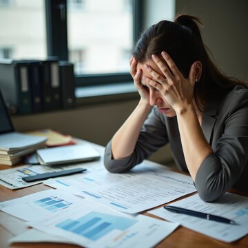 Woman holding head despairing over spreadsheet. Overwhelmed by debt, stress in office environment. Financial trouble, economic crisis. Stressed businesswoman at work with paper documents, data,