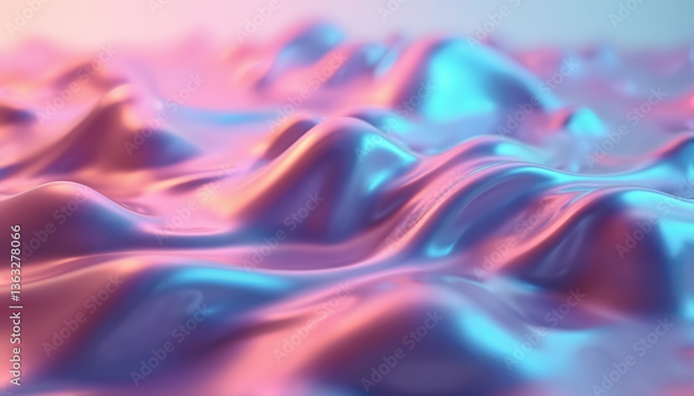 Poster Abstract 3D render colorful wavy glossy shapes. Dynamic liquid flowing surface. Iridescent gradient vibrant colors. Tech, digital art, design background. Modern stylish decor, graphic element for
