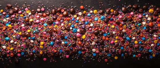 Vibrant array of colorful sprinkles and chocolate candies creating a festive and inviting confectionery delight perfect for dessert backgrounds