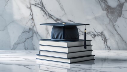 Graduation cap on books on a marble surface, elegant composition, stack of books with a cap placed on sleek white marble, subtle reflections, soft professional lighting, modern and refined mood