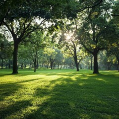 Fototapeta premium A tranquil park features lush green grass and tall trees, with sunlight streaming through leaves during the peaceful late afternoon hours Generative AI