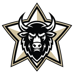 Fierce Bull Head with Horns in Geometric Star Shape. Black White and Tan Icon