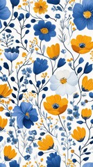 Vibrant floral pattern with blue and yellow flowers on white background creating a cheerful and artistic design suitable for various creative projects