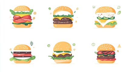 Six delicious burger variations, food illustration, restaurant menu design