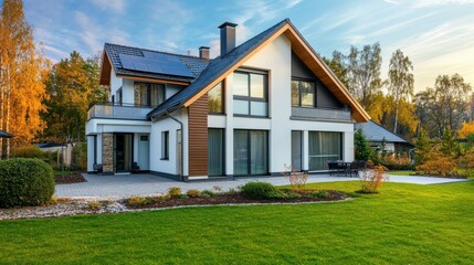 Contemporary house with solar panels and autumn foliage, modern exterior design