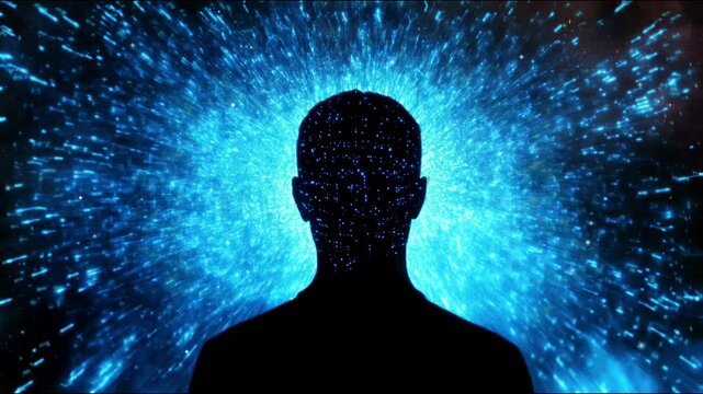 A silhouetted human head is centered on a glowing blue digital background. Filled with dots of light radiating outward, resembling data streams or stars in technology or artificial intelligence.