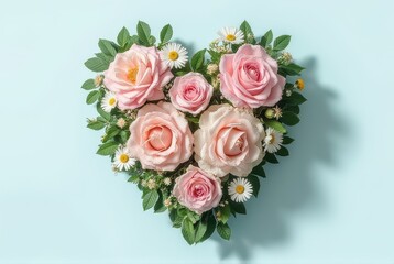 Pink Roses and Daisies Arranged in a Heart Shape