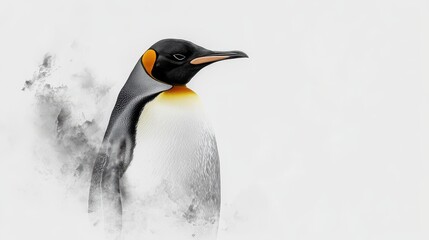 Fototapeta premium A regal King penguin standing proudly amidst a swirling, ethereal snowdrift, captured in a striking monochrome portrait with subtle color accents.
