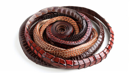 Fashionable Alligator Leather Belts in Spiraling Display on white background.PNG
