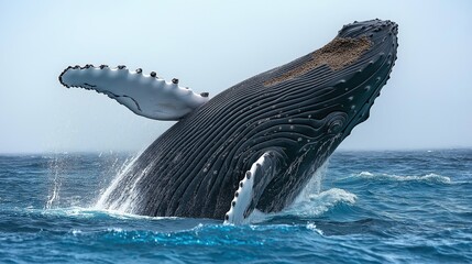 Obraz premium Majestic whale breaching ocean surface with dramatic water splash and clear sky