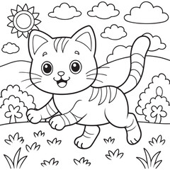 Cute cartoon kitten sitting with a playful expression coloring page for kids