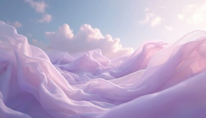 Lilac fabric floats gently against blue sky with clouds. Abstract background with soft, light colors. Airy aesthetic design for wallpaper or textile product demonstration. Serene, dreamy look.