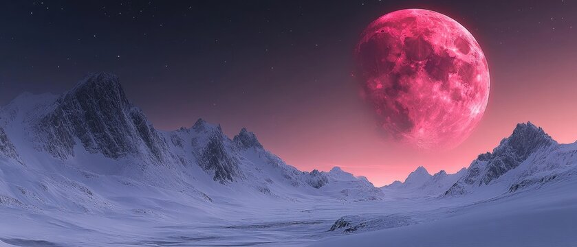 Ethereal landscape with snowy mountains and a large pink moon casting a soft glow over the serene vista creating a dreamy and otherworldly atmosphere - Powered by Adobe