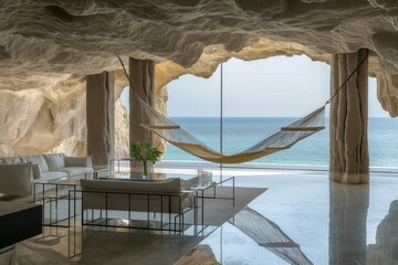 Minimalist cave living space with ocean view and modern furniture