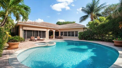 Fototapeta premium Backyard Pool Oasis: Serene Swimming Pool, Lush Tropical Landscaping, and Stylish Outdoor Living Space