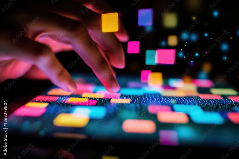 Aufkleber hands interacting with a colorful digital interface on a tablet.