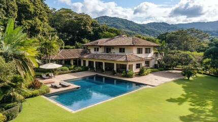 Luxurious Villa with Pool and Lush Tropical Garden, Relaxation and Tranquility, Mountain Backdrop, Sunny Day
