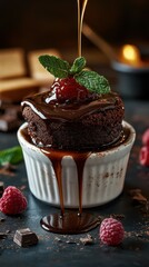 Decadent chocolate lava cake topped with fresh raspberry and mint in an elegant dessert setting