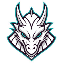 Fierce White Dragon Head with Teal Accents and Horns on Transparent Background