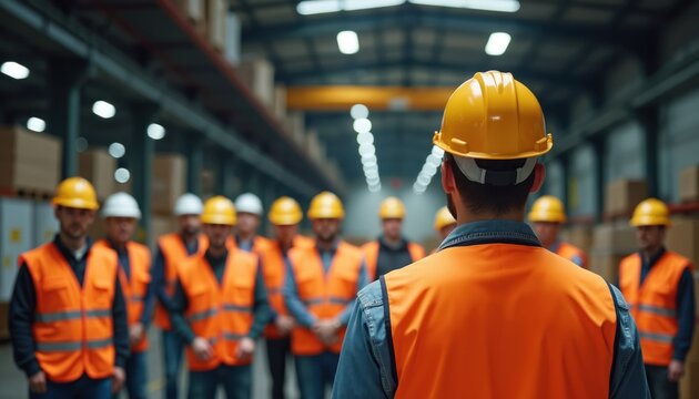 Warehouse safety training session. Group of workers in orange vests yellow hard hats listening instruction. Indoor workplace compliance. Men at work, teamwork, communication in logistics.