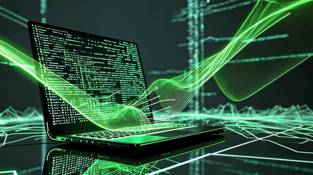 Laptop emitting green data streams on digital grid background with code animation
